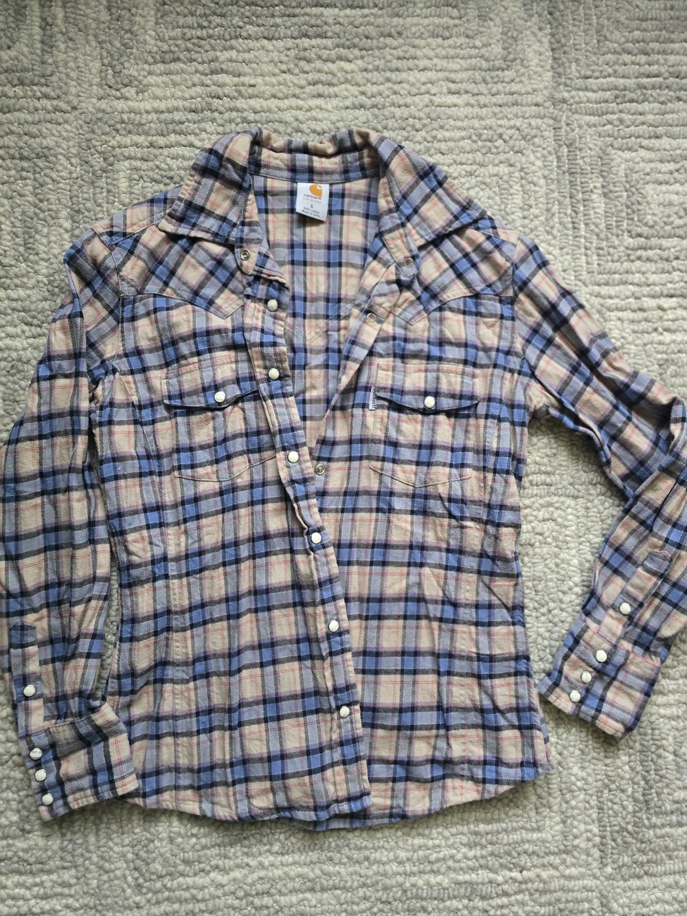 Carhartt Women's Plaid Button-Down Shirt in Blue and Tan